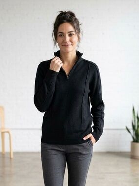 Patrick Assaraf Black Quarter-Zip Merino Wool Sweater